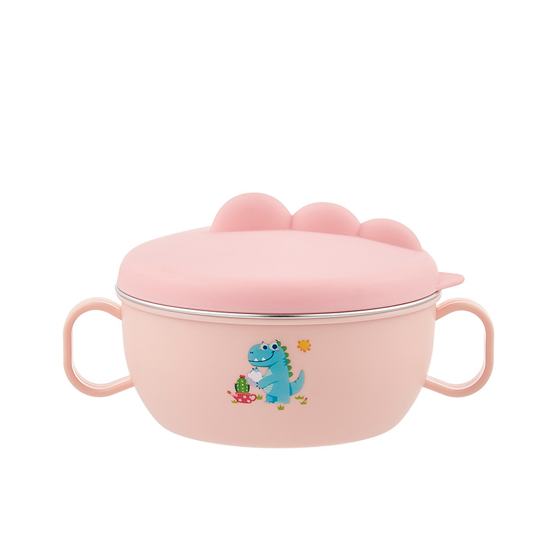Nuevo tazón de arroz de dinosaurio pequeño tazón de comida para bebés tazón 316 tazón de acero inoxidable para niños tazón de aislamiento con vajilla de cuchara