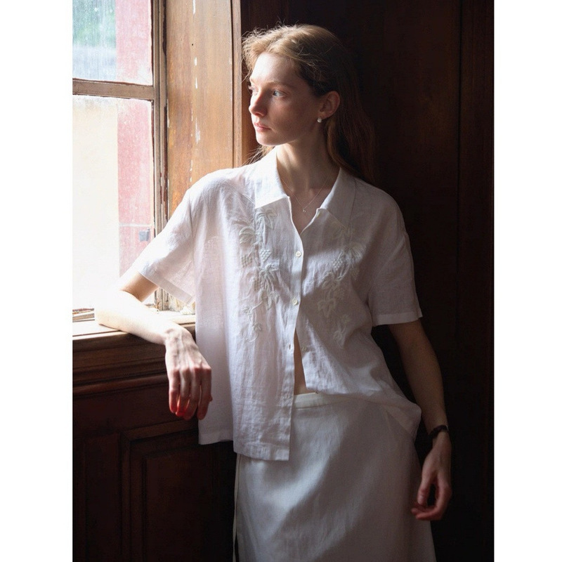 2026Ss High-End Natural Linen Heavy-Duty Embroidered White Short-Sleeved Shirt for Women