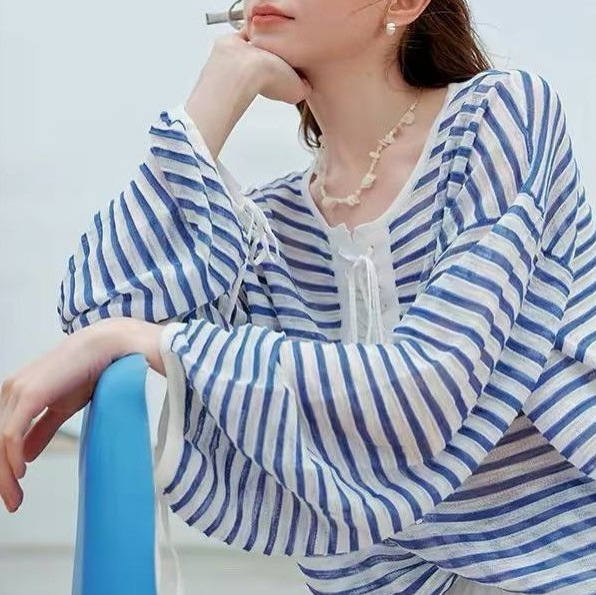 Fansilanen French-Style Vacation Striped Knit Sweater for Women 2026 Spring/Summer Loose Breathable Nautical Style Long-Sleeve Top