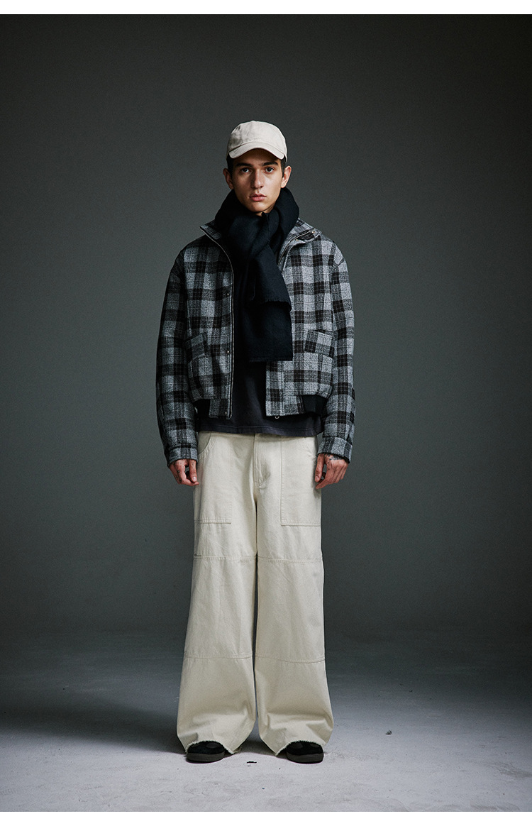 Men's Clothing Retro Stand Collar Plaid Woolen Coat Vintage Design Cotton Coat_voghion.com
