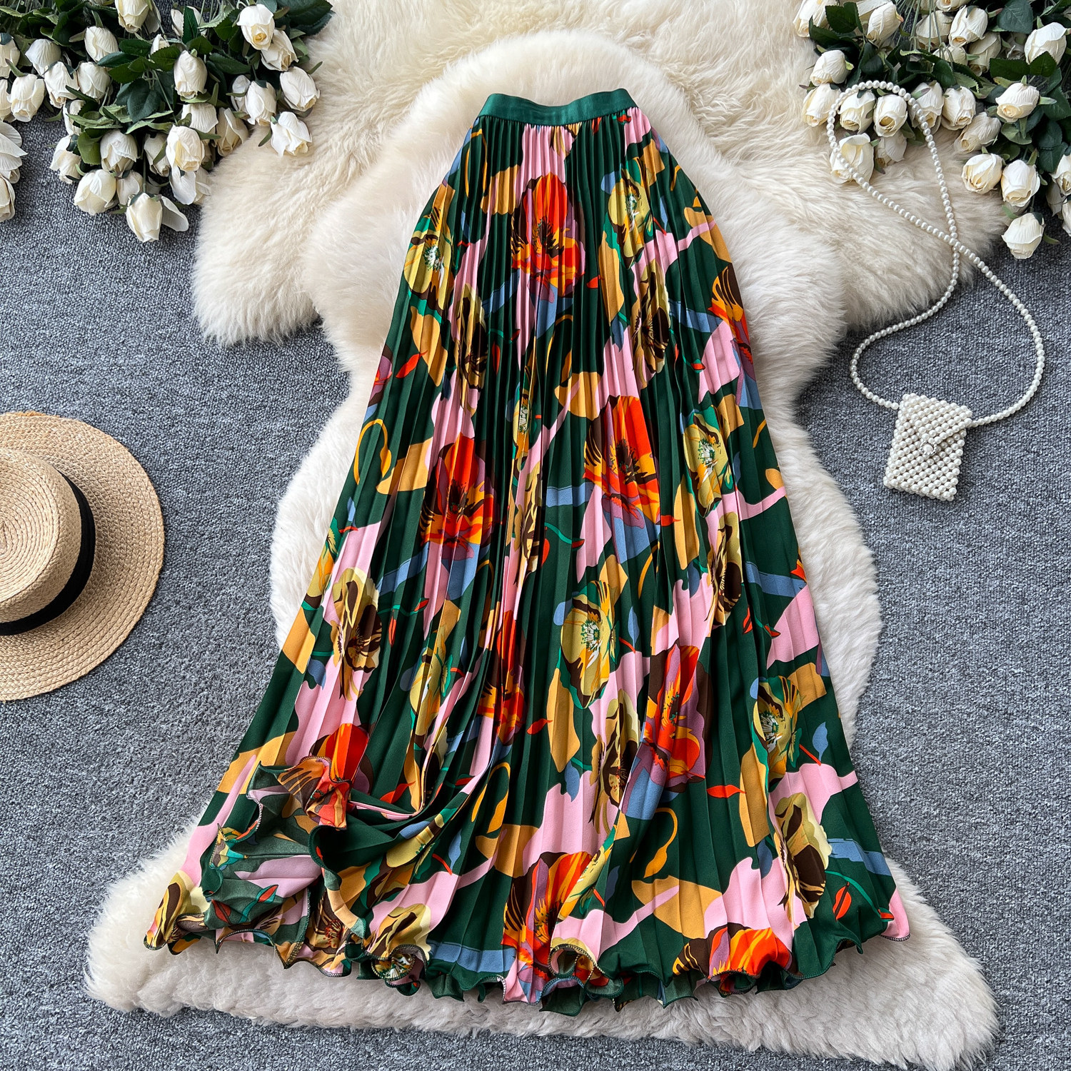 High Waisted Slimming Pleated Midi Skirt for Women French Style Printed A-Line Perfect for Summer Vacation And Work_ecoleips.com