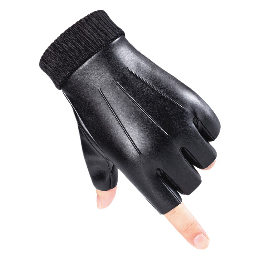 Medio dedo guantes de cuero hombres Otoño e Invierno forrado de lana cálida pantalla táctil al aire libre impermeable antideslizante guantes abiertos del dedo