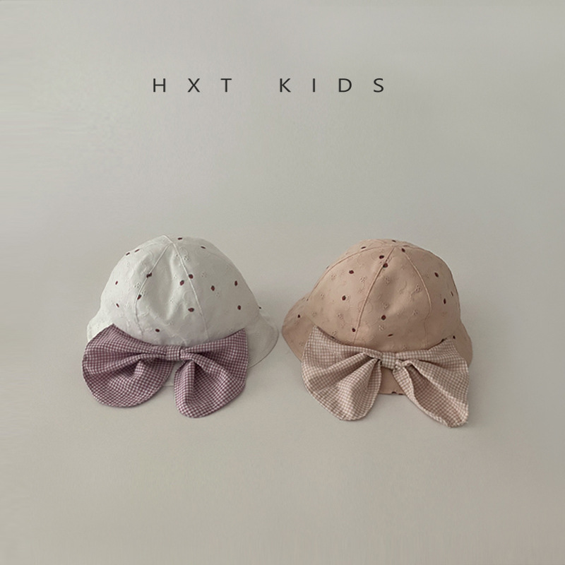 婴儿渔夫帽洋气波点大蝴蝶结遮阳盆帽女宝宝夏季出游披肩防晒帽潮