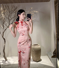 3649新中式国风盘扣改良旗袍连衣裙夏季高级感无袖挂脖修身包臀裙