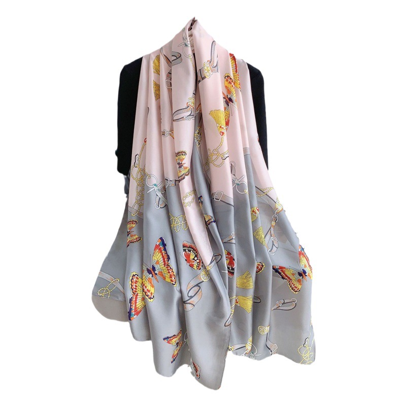 Estilo coreano nueva moda seda artificial impresa bufanda de verano de las mujeres protector solar fino aire acondicionado chal vacaciones bufanda desgaste exterior
