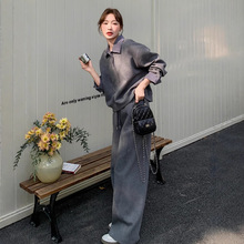 纯棉做工春秋季两件套纯色POLO领卫衣阔腿长裤女宽松休闲运动套装