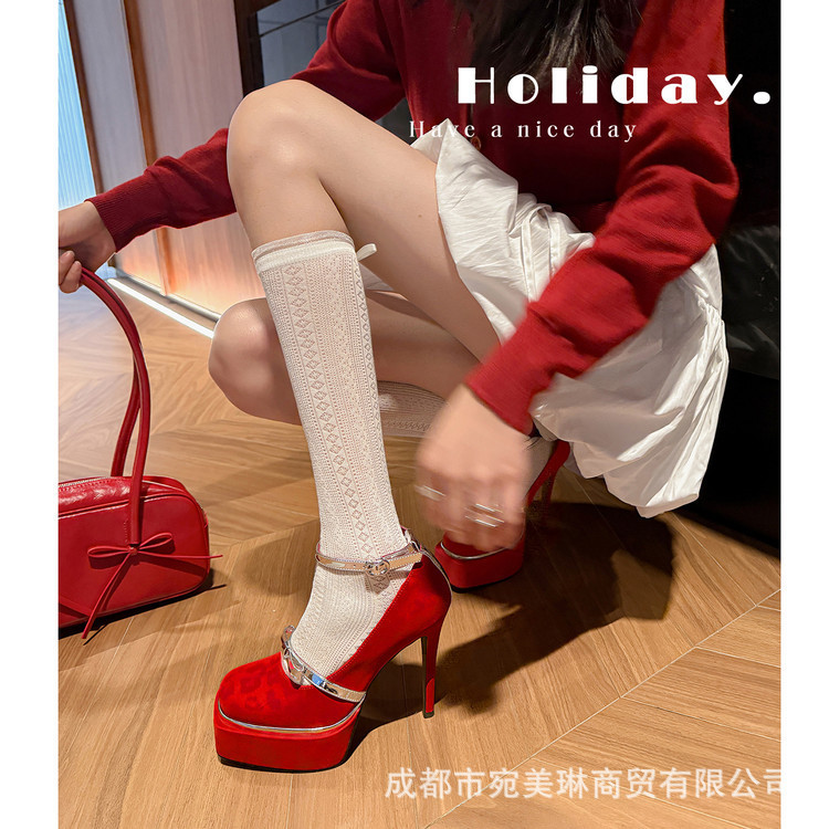 New Foreign Trade Model 12.5cm Single-Strap Waterproof Platform Shoes for Women, 2026 Spring/Summer Red Wedding Shoes, Thin Heel, Ultra-High Heels New Foreign Trade Model 12.5cm Single-Strap Waterproof Platform Shoes for Women, 2026 Spring/Summer Red Wedding Shoes, Thin Heel, Ultra-High Heels