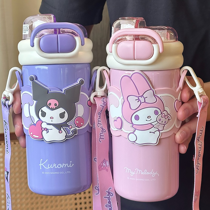 Termo Kuromi 316 de aspecto elegante, taza doble para beber, para estudiantes y niños, taza especial para la escuela, portátil con pajita.