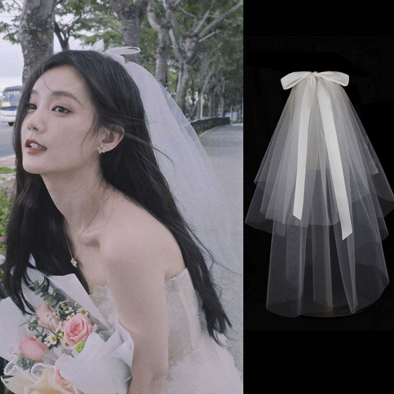 Li Yitong Свадебная регистрация маленькая Фата бант двухслойный короткий свадебный головной убор из мягкой пряжи фото белый