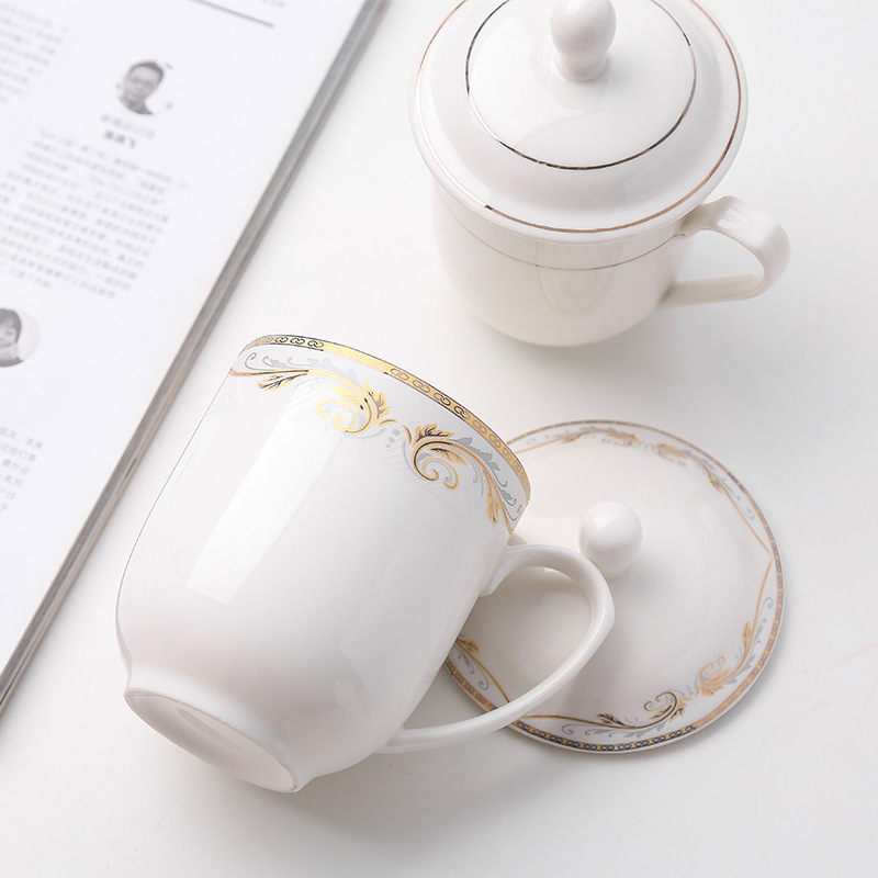 9WOR Hotel Ceramic Tea Cup White Conference Cup Gold Edge with Lid Office Drinking Cup Handheld Logo