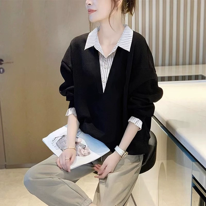 2025 весна и осень новые поддельные две сшитые маленькие модные женские рубашки простые дикие иностранные топ с длинными рукавами