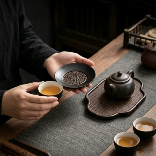 中式珐琅彩四方茶杯托家用方形茶桌防滑隔热垫六个收纳装高档杯垫