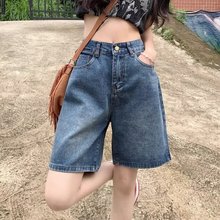 蓝色复古宽松牛仔裤女五分裤夏季新款高腰显瘦百搭直筒中裤子批发