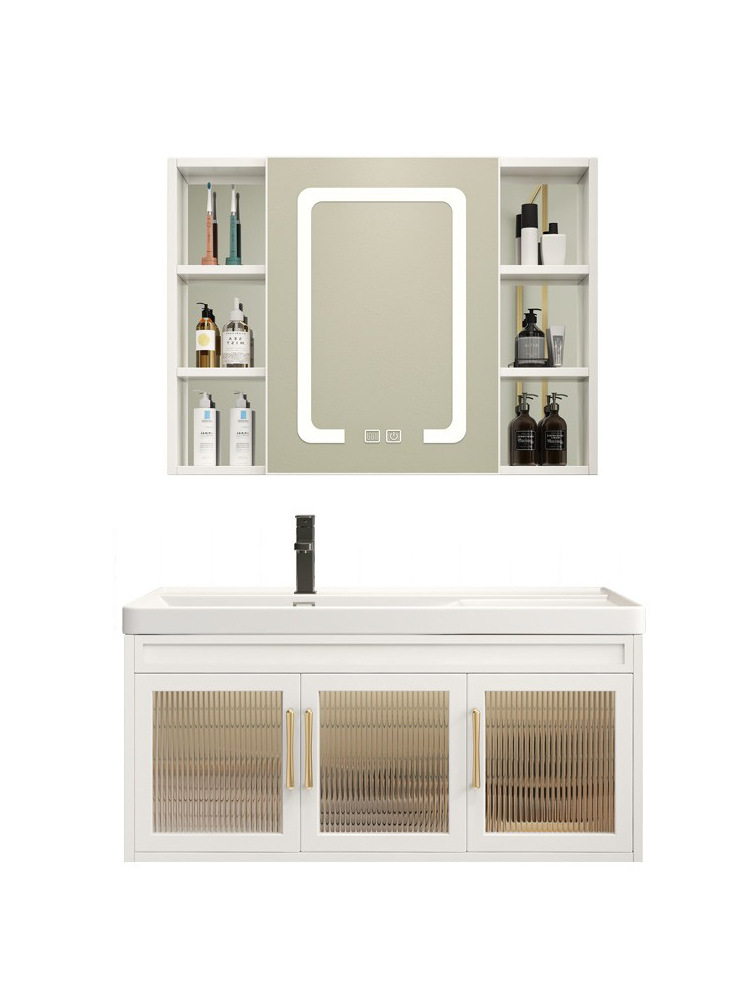 Luz nórdica de lujo espacio de aluminio gabinete de baño mesa de lavado lavabo gabinete de baño lavabo combinación de cerámica cuenca integrada