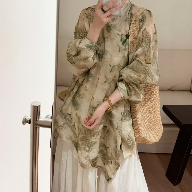 New Chinese-Style Ramie Long-Sleeve Shirt for Women, Loose Fit, Printed, Diagonal Placket, Buttoned Cardigan, Artistic Retro Top
