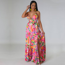 345欧美外贸吊带裙批发2023女装新款法式连衣裙长裙大码印花裙子