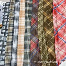弹力格子印花网纱面料校服裙40D氨纶弹力网眼格纹印花连衣裙布料