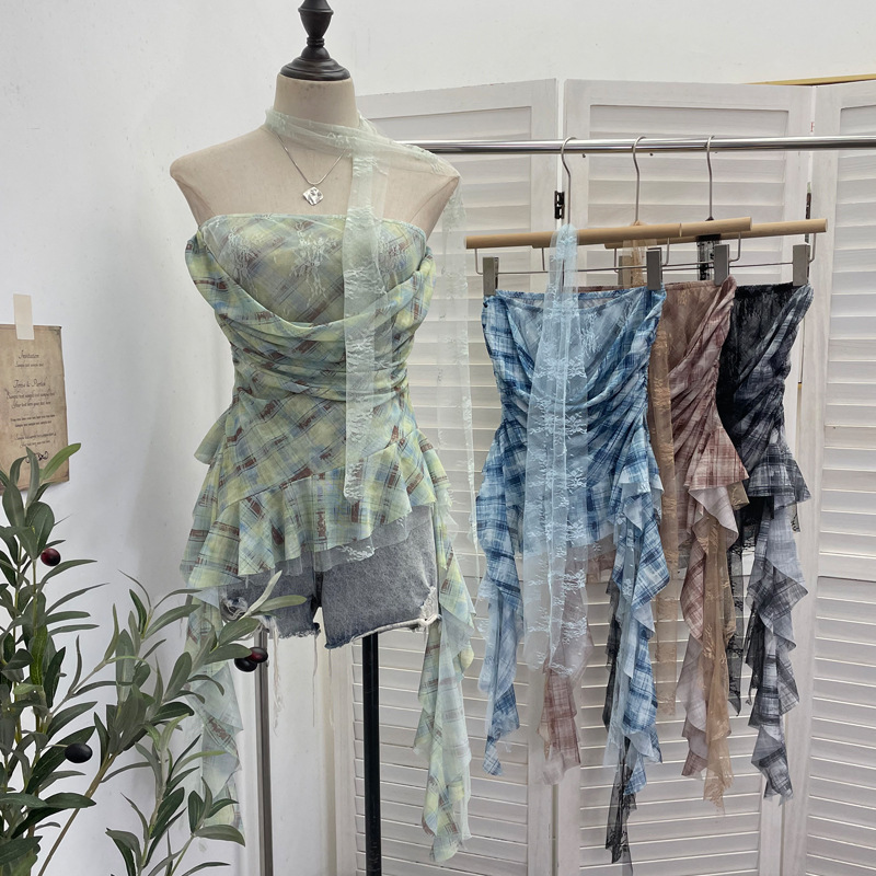 Real Shot of Lace Ribbon Splicing, Draped Collar, Mesh Tube Top, Irregular Slim-Fit Short Sleeveless Top 8158