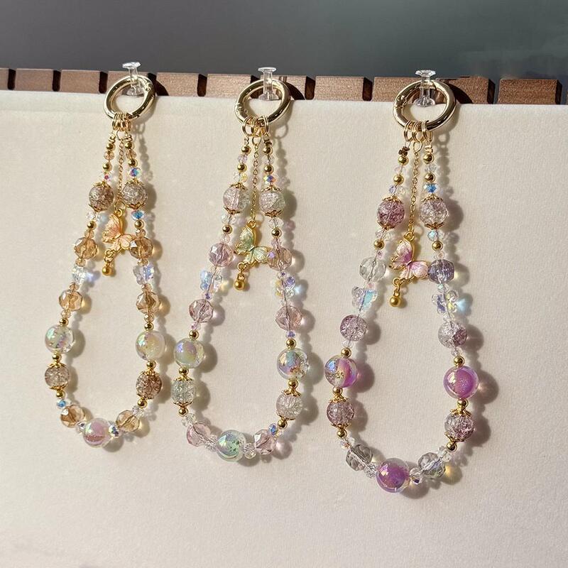 High-End Original Beaded Tassel Crystal Bead Mobile Phone Chain Alloy Butterfly Light Luxury Style Gold Foil Bead Key Chain Chain