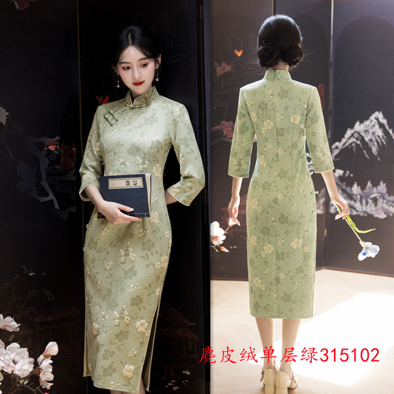 麂皮绒单层印花中长款中袖旗袍2025秋冬新款复古国风年轻女士旗袍|undefined