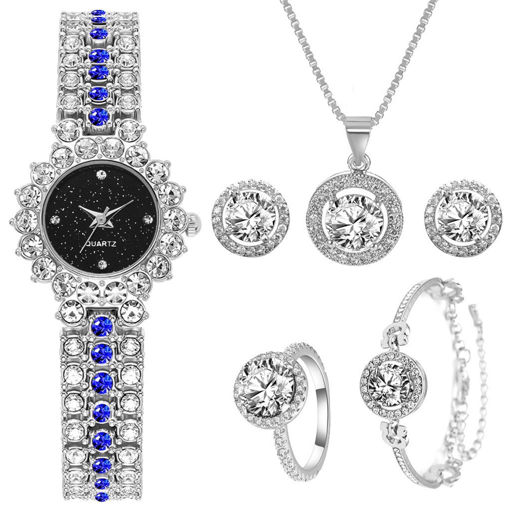 Montre classique à petit cadran avec ciel étoilé et diamants pour femme, ensemble de cinq pièces élégant et tendance de style coréen_voghion.com