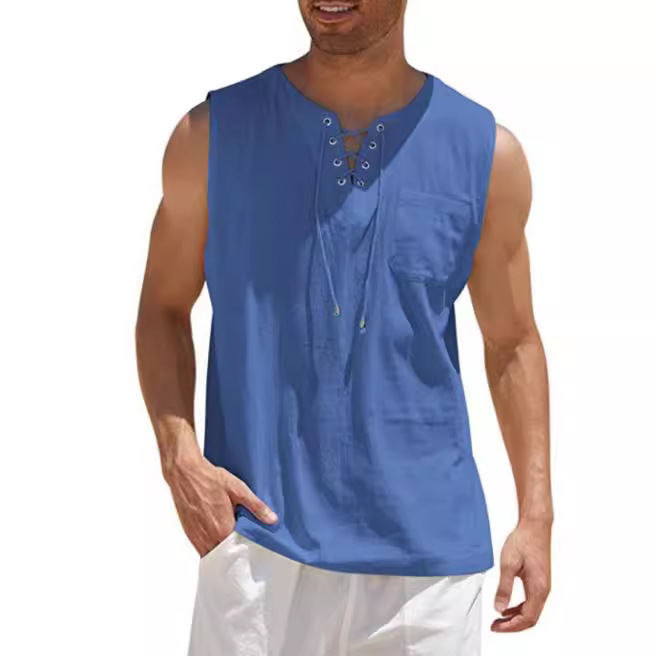Men's Summer Cotton-Linen Solid Color Fashion Sleeveless Tie-Strap Casual Shirt_viptrois.com