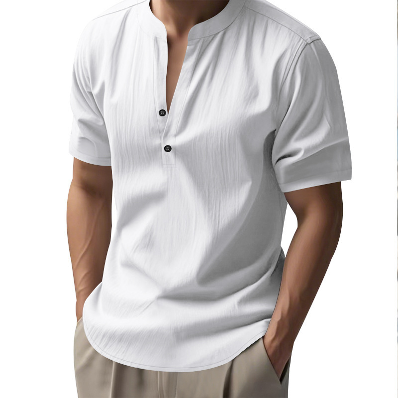 Camisa suelta casual de verano para hombres europeos y americanos, camisa de color sólido de lino de manga corta con cuello alto de moda para hombres