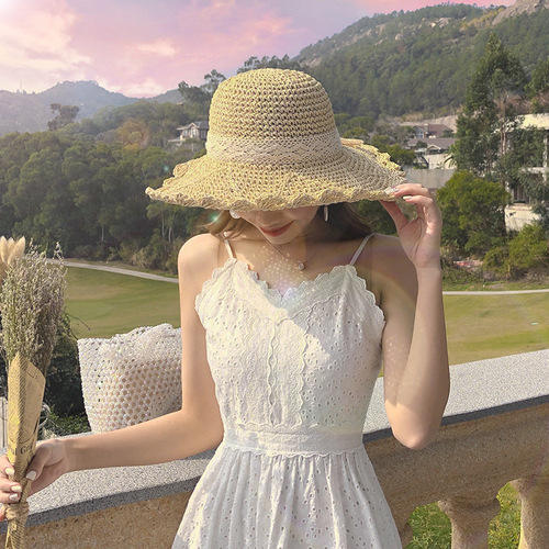 Ladies' Boho Chic Japanese Style Versatile Lace Strap Butterfly Knot Cap for Summer Outing Wide Brim Beach Sun Hat