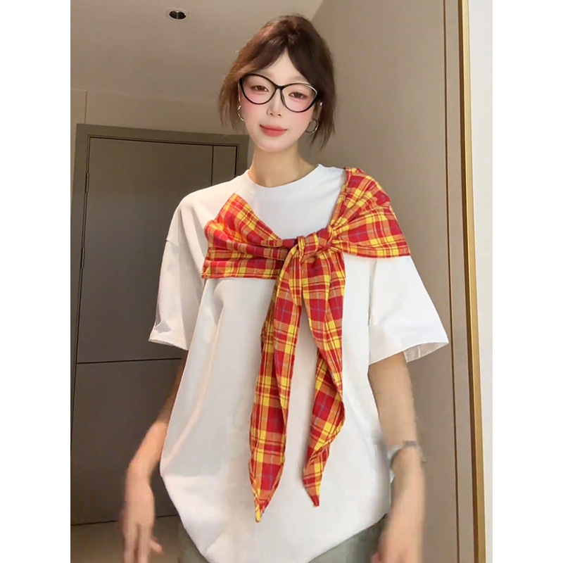 美式复古格纹蝴蝶结短袖T恤女夏季设计感小众宽松慵懒风半袖上衣|undefined