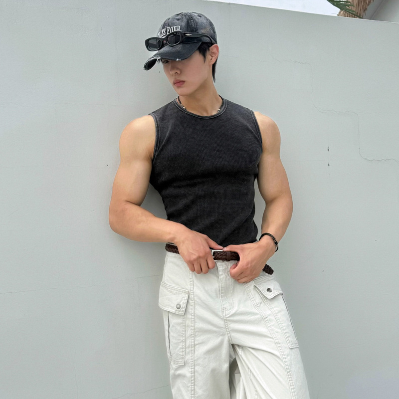 Myq Retro Distressed Round-Neck Vest Men's Summer Slim-Fit Sleeveless T-Shirt Sports Fitness Korean Style Workwear Outfit