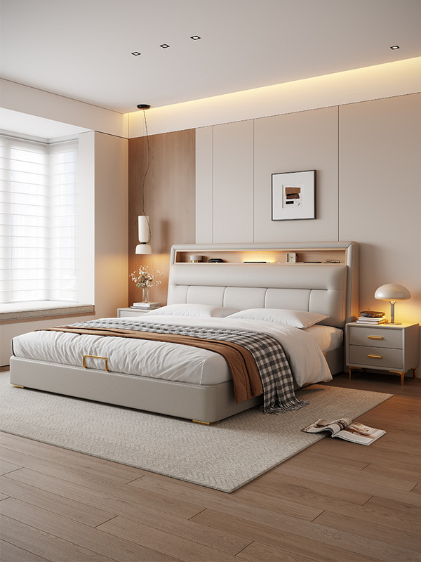 Leather Bed 2025 New Model Master Bedroom Large Bed 1.8m Double Bed with Lamp Solid Wood Bed Accessible Luxury Modern Simple Classy Bed