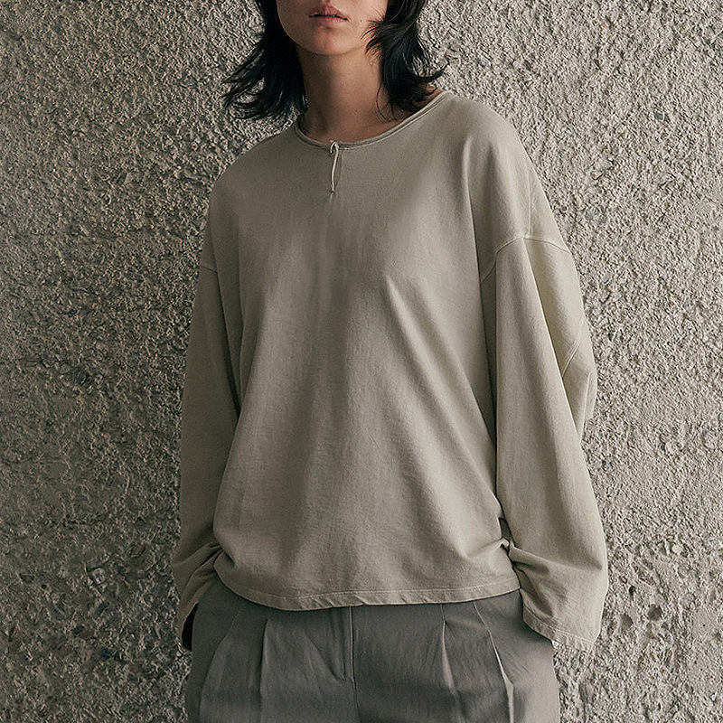 【Clearance Sale】Unique Loose-Fit Round Neck Rolled Edge Long Sleeve Pure Cotton Terry Design Drop Shoulder Casual Sweatshirt for Women