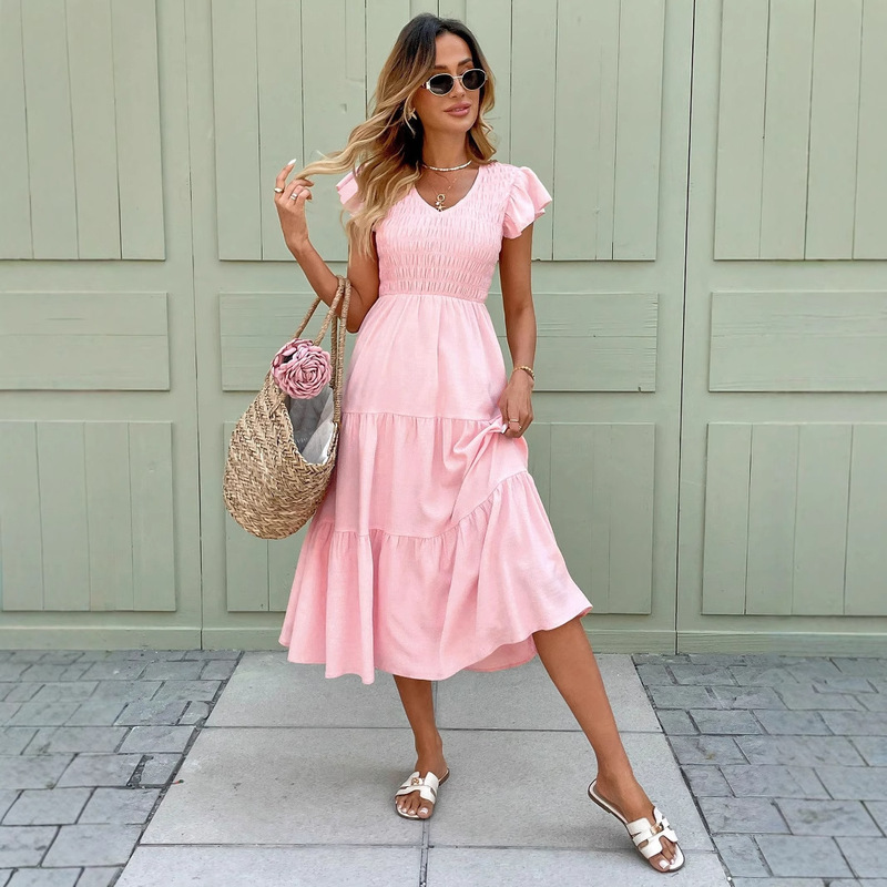 Wedding Women's Dress Engagement Dress with Chest Gathering, Ruffled Sleeves, Layered Hem, Pink Mid-Length Dress
