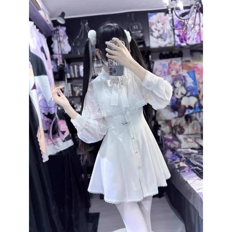 Spring and Autumn Style Clear Shawl Lace Dress Chiffon Long Sleeves Japanese Cute