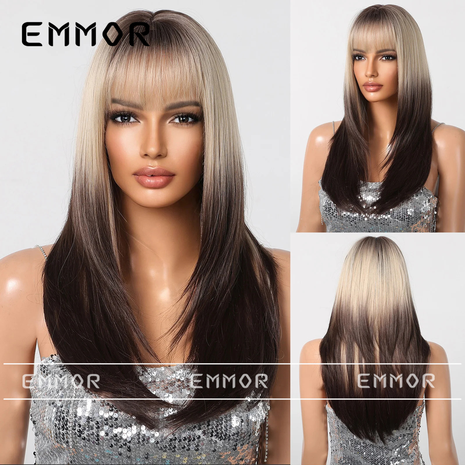 Suministro transfronterizo de nuevos productos Qi flequillo dorado degradado marrón en capas micro-rizado peluca europea y americana tipo de cabello completo