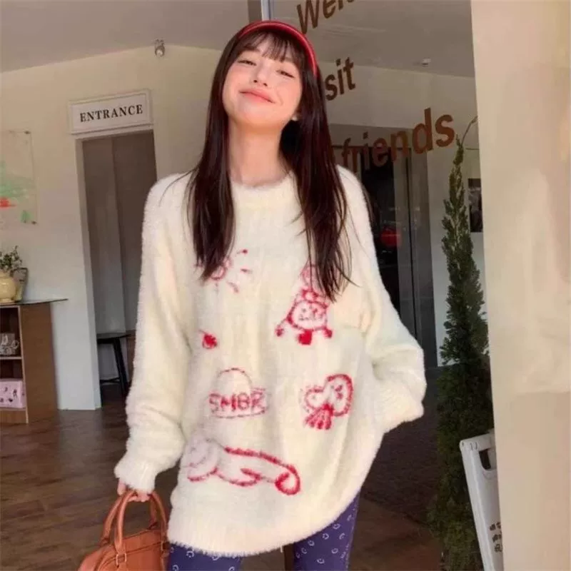 Осень вязаный свитер с круглым вырезом, oversize, американский стиль