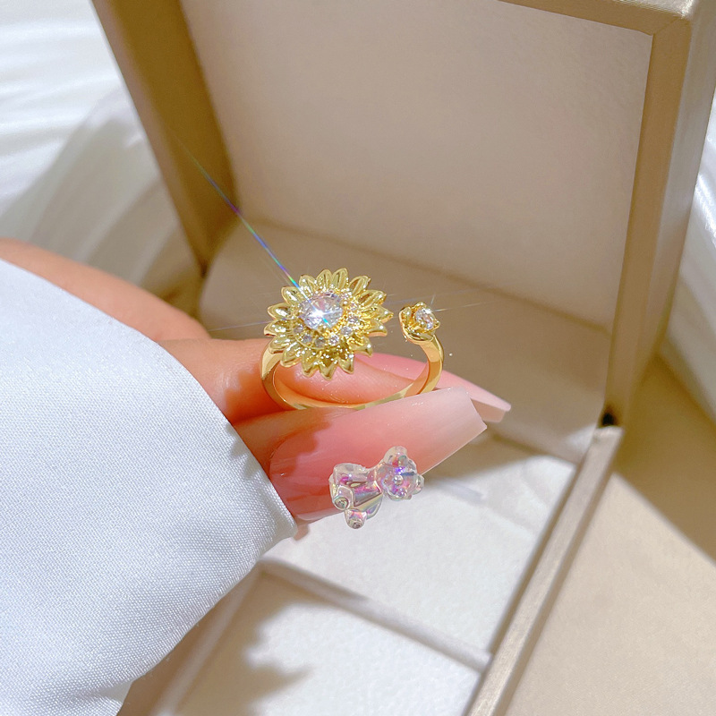 Adjustable Full Diamond Flower Ring Elegant Luxury Open Ring_voghion.com