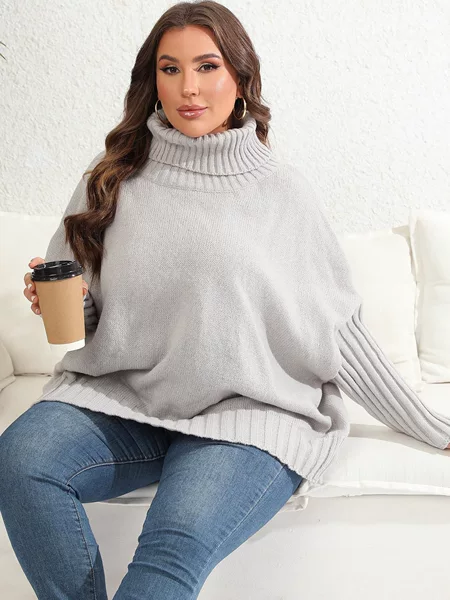 New women's tops for cross-border European and American markets, plus-size women's clothing, solid color high-neck knitted sweater, loose and simple pullover sweater