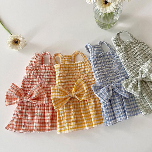 Bow pleated plaid dog skirt spring and summer cat two-legged dress princess style pet clothes wholesale