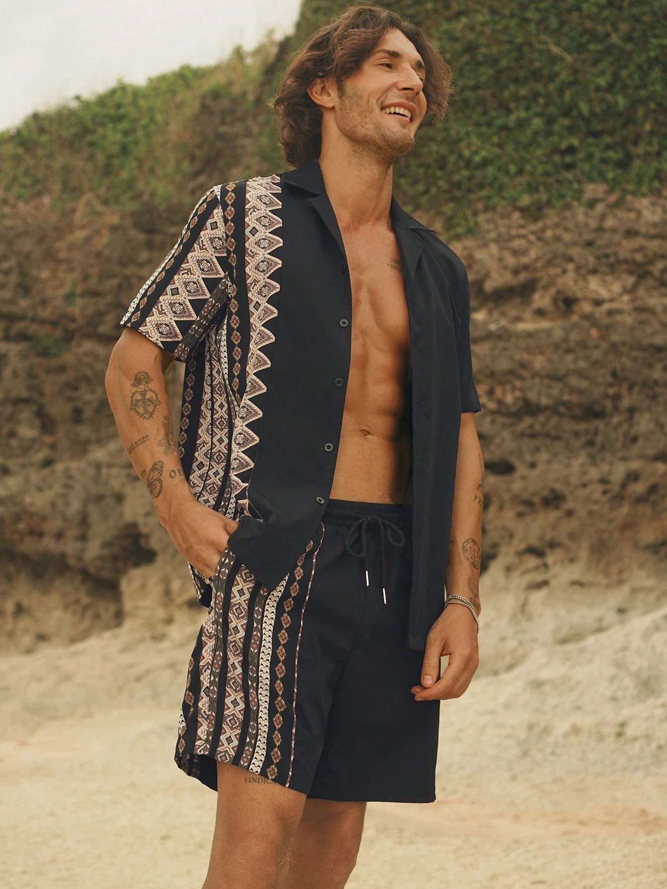 Comercio exterior transfronterizo retro camisa de botón de verano set de pantalones cortos 3D impresión casual vacaciones cardigan hombre set de dos piezas