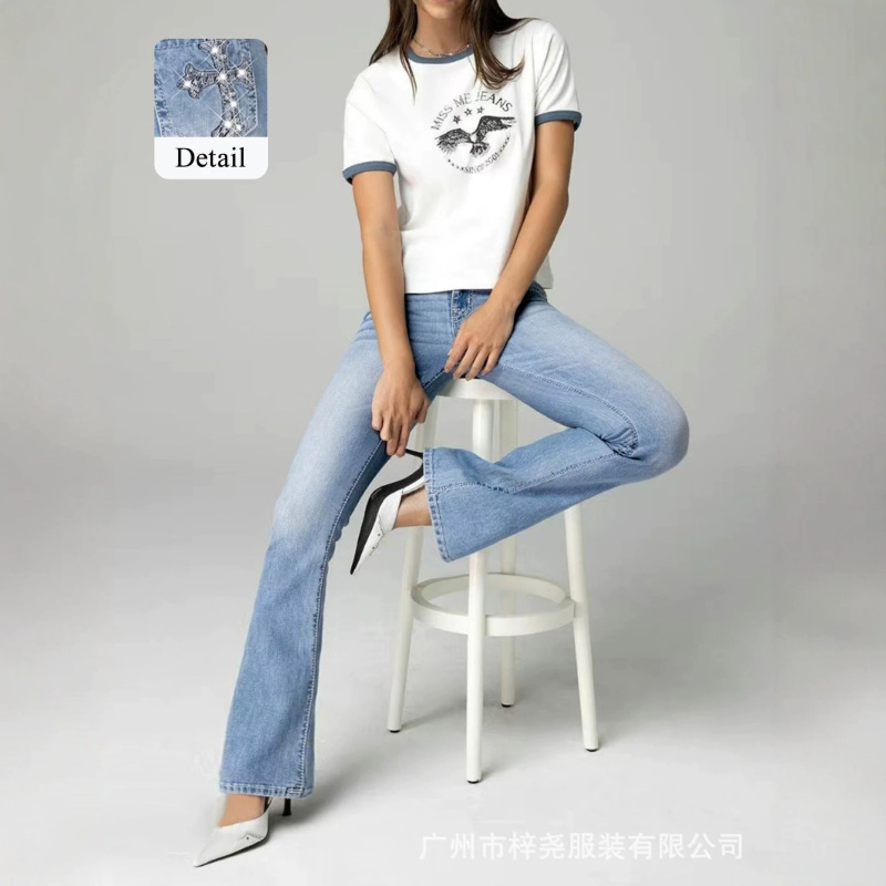 Y2K Low-Waist Flared Jeans with Cross Rhinestone Embroidery, Light Blue Stretch Denim, Slightly Flared Long Pants, Y2K Flared Style Y2K Low-Waist Flared Jeans with Cross Rhinestone Embroidery, Light Blue Stretch Denim, Slightly Flared Long Pants, Y2K Flared Style