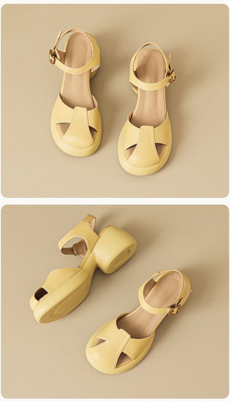 Sandal cao gót nữ bít mũi da cừu gót thô kiểu La Mã đế dày quai ngang — Màu trắng be chi tiết 26