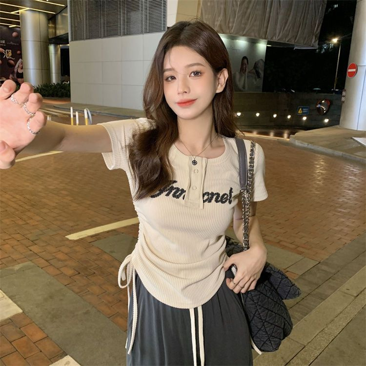 Sommer New Style American Sweet Cool Spicy Girl Kordelzug Kurzarm Abnehmen T-Shirt Ice Silk Weites Bein Lange Hosen_voghion.com