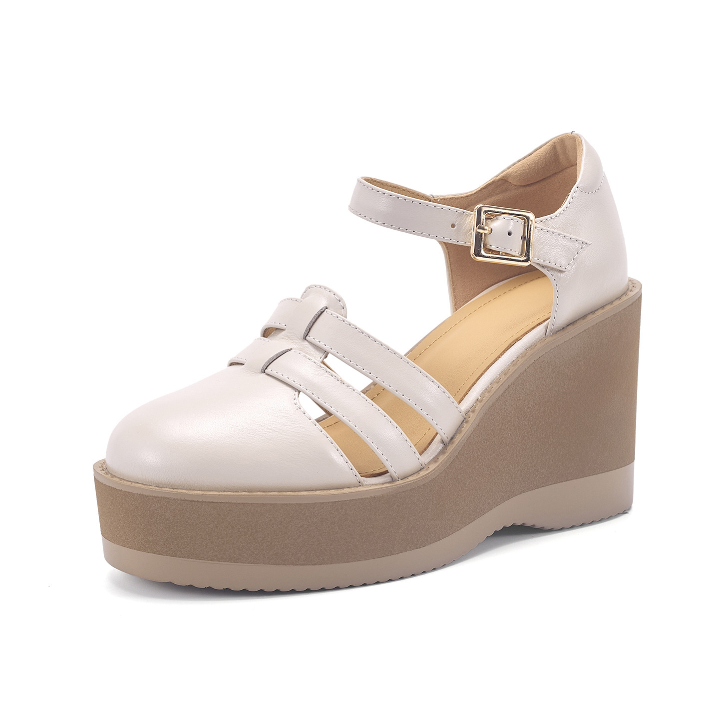 Sandal cao gót nữ đế dày 9,5 cm, mũi bít, dệt chéo, phong cách tổ chim — màu trắng ngà