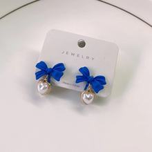 S925銀針克萊因藍色蝴蝶結耳釘女韓國流行新款愛心耳環無耳洞耳夾