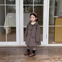 2025秋冬款女童英伦风复古人纹呢子翻领中长款气质双排扣风衣外套