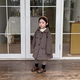 2025秋冬款女童英伦风复古人纹呢子翻领中长款气质双排扣风衣外套