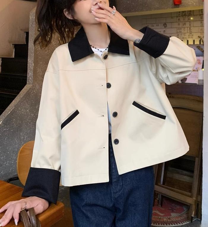 撞色拼接翻领小个子风衣外套女春秋季宽松休闲短款卡其色夹克上衣|undefined