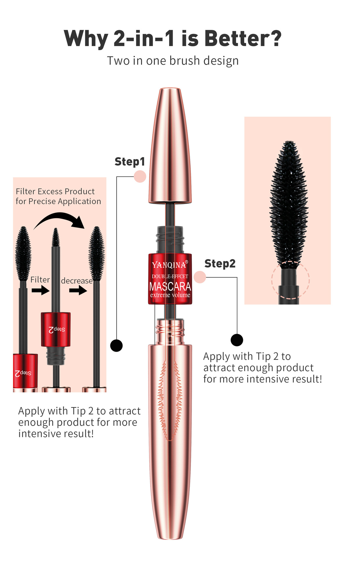 YANQINA's Long and Thick Dual-effect Mascara is waterproof and non-smudge, naturally curling double-head mascara undefined