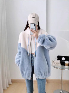 Women's Korean-Style Thickened Faux Shearling Jacket with a Stand Collar, Loose Fit, Versatile Zipper, Trendy Streetwear Shearling Jacket